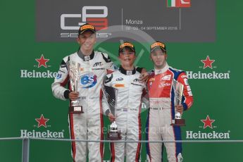 World © Octane Photographic Ltd. ART Grand Prix – Nyck de Vries (1st) and Alexander Albon (2nd) and Trident – Antonia Fuoco (3rd). Sunday 4th September 2016, GP3 Race 2 Podium, Spa-Francorchamps, Belgium. Digital Ref :1703LB1D9796