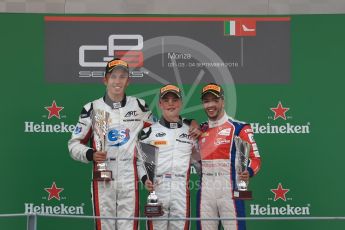 World © Octane Photographic Ltd. ART Grand Prix – Nyck de Vries (1st) and Alexander Albon (2nd) and Trident – Antonia Fuoco (3rd). Sunday 4th September 2016, GP3 Race 2 Podium, Spa-Francorchamps, Belgium. Digital Ref :1703LB1D9811
