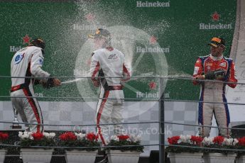 World © Octane Photographic Ltd. ART Grand Prix – Nyck de Vries (1st) and Alexander Albon (2nd) and Trident – Antonia Fuoco (3rd). Sunday 4th September 2016, GP3 Race 2 Podium, Spa-Francorchamps, Belgium. Digital Ref :1703LB1D9824