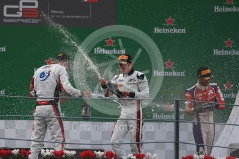 World © Octane Photographic Ltd. ART Grand Prix – Nyck de Vries (1st) and Alexander Albon (2nd) and Trident – Antonia Fuoco (3rd). Sunday 4th September 2016, GP3 Race 2 Podium, Spa-Francorchamps, Belgium. Digital Ref :1703LB1D9840