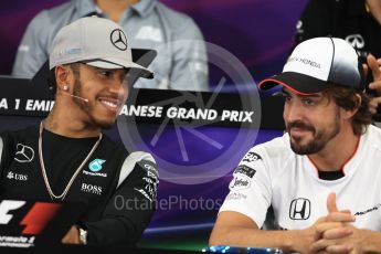 World © Octane Photographic Ltd. F1 Singapore GP FIA Driver Press Conference, Suzuka Circuit, Suzuka, Japan. Thursday 6th October 2016. Mercedes AMG Petronas – Lewis Hamilton and McLaren Honda - Fernando Alonso chat. Digital Ref : 1727LB1D3202