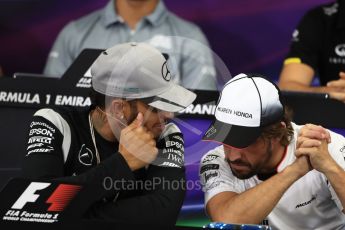 World © Octane Photographic Ltd. F1 Singapore GP FIA Driver Press Conference, Suzuka Circuit, Suzuka, Japan. Thursday 6th October 2016. Mercedes AMG Petronas – Lewis Hamilton and McLaren Honda - Fernando Alonso chat. Digital Ref : 1727LB1D3277