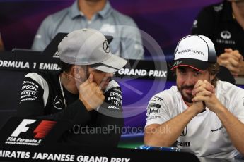 World © Octane Photographic Ltd. F1 Singapore GP FIA Driver Press Conference, Suzuka Circuit, Suzuka, Japan. Thursday 6th October 2016. Mercedes AMG Petronas – Lewis Hamilton and McLaren Honda - Fernando Alonso chat. Digital Ref : 1727LB1D3283