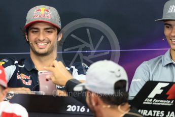 World © Octane Photographic Ltd. F1 Singapore GP FIA Driver Press Conference, Suzuka Circuit, Suzuka, Japan. Thursday 6th October 2016. Scuderia Toro Rosso – Carlos Sainz gets shown a video by Lewis Hamilton. Digital Ref : 1727LB1D3351