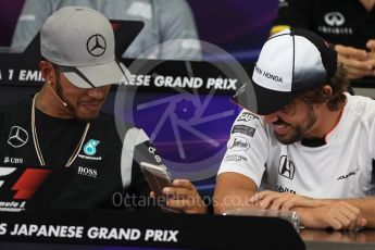 World © Octane Photographic Ltd. F1 Singapore GP FIA Driver Press Conference, Suzuka Circuit, Suzuka, Japan. Thursday 6th October 2016. Mercedes AMG Petronas – Lewis Hamilton and McLaren Honda - Fernando Alonso chat. Digital Ref : 1727LB1D3371