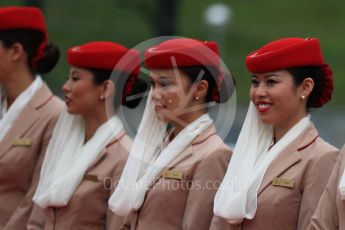 World © Octane Photographic Ltd. Emirates grid girls. Sunday 9th October 2016, F1 Japanese GP - Drivers’ parade, Suzuka Circuit, Suzuka, Japan. Digital Ref :1735LB1D6934