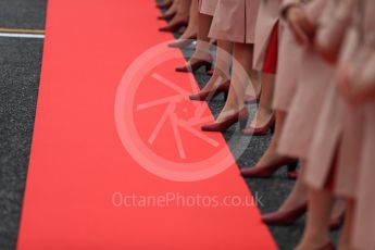 World © Octane Photographic Ltd. Emirates grid girls line the red carpet for the drivers' parade. Sunday 9th October 2016, F1 Japanese GP. Suzuka Circuit, Suzuka, Japan. Digital Ref :1735LB1D6969