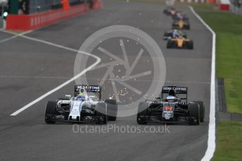 World © Octane Photographic Ltd. Williams Martini Racing, Williams Mercedes FW38 – Felipe Massa and McLaren Honda MP4-31 – Fernando Alonso. Sunday 9th October 2016, F1 Japanese GP - Race, Suzuka Circuit, Suzuka, Japan. Digital Ref :