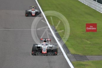 World © Octane Photographic Ltd. Haas F1 Team VF-16 – Romain Grosjean and Esteban Gutierrez. Sunday 9th October 2016, F1 Japanese GP - Race, Suzuka Circuit, Suzuka, Japan. Digital Ref :