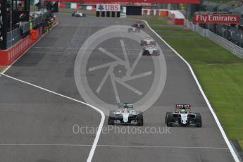 World © Octane Photographic Ltd. Mercedes AMG Petronas W07 Hybrid – Lewis Hamilton and Sahara Force India VJM09 - Nico Hulkenberg. Sunday 9th October 2016, F1 Japanese GP - Race, Suzuka Circuit, Suzuka, Japan. Digital Ref :