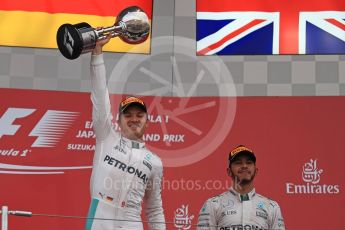 World © Octane Photographic Ltd. Mercedes AMG Petronas – Nico Rosberg (1st) and Lewis Hamilton (3rd). Sunday 9th October 2016, F1 Japanese GP - Podium. Suzuka Circuit, Suzuka, Japan. Digital Ref :1737LB1D8506