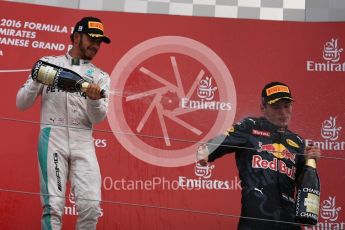 World © Octane Photographic Ltd. Red Bull Racing – Max Verstappen (2nd) and Mercedes AMG Petronas – Lewis Hamilton (3rd). Sunday 9th October 2016, F1 Japanese GP - Podium. Suzuka Circuit, Suzuka, Japan. Digital Ref :1737LB1D8659