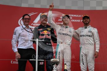 World © Octane Photographic Ltd. Mercedes AMG Petronas – Nico Rosberg (1st), Red Bull Racing – Max Verstappen (2nd) and Mercedes AMG Petronas – Lewis Hamilton (3rd). Sunday 9th October 2016, F1 Japanese GP - Podium. Suzuka Circuit, Suzuka, Japan. Digital Ref :1737LB1D8699