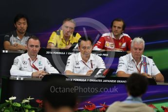 World © Octane Photographic Ltd. F1 Singapore GP FIA Personnel Press Conference, Suzuka Circuit, Suzuka, Japan. Friday 7th October 2016. Paddy Lowe – Executive Technical Director Mercedes AMG Petronas. Bob Bell Chief Technical Officer of the Renault Sport F1 Team, Luigi Fraboni - Scuderia Ferrari, Yusuke Hasegawa – Head of Honda, Ayao Komatsu – Chief Race Engineer Haas F1 Team and Pat Symonds - Technical Officer to the Williams F1 Team. Digital Ref : 1730LB2D2574