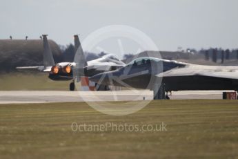 World © Octane Photographic Ltd. 3rd May 2016 RAF Lakenheath, USAF (United States Air Force) 325th Operations Group, 95th Fighter Squadron “Boneheads”, Lockheed-Martin F-22 Raptor and F-15E Eagle. Digital Ref :1531CB1L1637