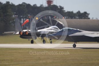 World © Octane Photographic Ltd. 3rd May 2016 RAF Lakenheath, USAF (United States Air Force) 325th Operations Group, 95th Fighter Squadron “Boneheads”, Lockheed-Martin F-22 Raptor and F-15E Eagle. Digital Ref :1531CB1L1642