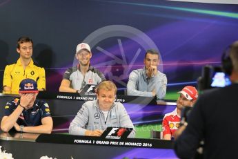 World © Octane Photographic Ltd. F1 Monaco GP FIA Drivers' Press Conference, Monaco, Monte Carlo, Wednesday 25th May 2016. Haas F1 Team – Romain Grosjean, Renault Sport F1 Team – Jolyon Palmer, Mercedes AMG Petronas – Nico Rosberg, Scuderia Ferrari – Sebastian Vettel, Red Bull Racing – Max Verstappen and Manor Racing - Pascal Wehrlein. Digital Ref : 1560LB5D5977
