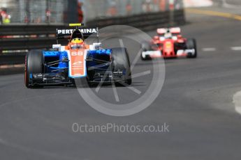 World © Octane Photographic Ltd. Manor Racing MRT05 – Rio Haryanto and Scuderia Ferrari SF16-H – Sebastian Vettel. Saturday 28th May 2016, F1 Monaco GP Practice 3, Monaco, Monte Carlo. Digital Ref : 1568CB7D1985