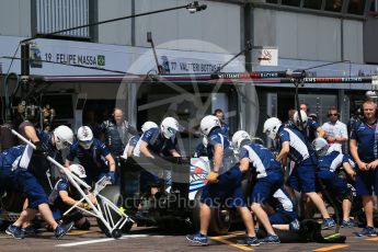 World © Octane Photographic Ltd. Williams Martini Racing, Williams Mercedes FW38 – Felipe Massa practice pit stop. Saturday 28th May 2016, F1 Monaco GP Practice 3, Monaco, Monte Carlo. Digital Ref : 1568LB1D0093