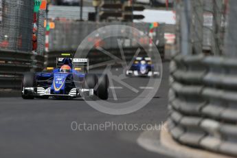 World © Octane Photographic Ltd. Sauber F1 Team C35 – Felipe Nasr and Marcus Ericsson. Thursday 26th May 2016, F1 Monaco GP Practice 1, Monaco, Monte Carlo. Digital Ref :