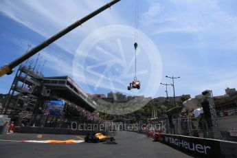 World © Octane Photographic Ltd. Renault Sport F1 Team RS16 - Kevin Magnussen and Red Bull Racing RB12 – Max Verstappen's car being recovered. Saturday 28th May 2016, F1 Monaco GP Qualifying, Monaco, Monte Carlo. Digital Ref :
