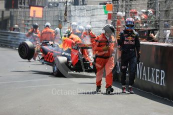 World © Octane Photographic Ltd. Red Bull Racing RB12 – Max Verstappen's car being recovered. Saturday 28th May 2016, F1 Monaco GP Qualifying, Monaco, Monte Carlo. Digital Ref :