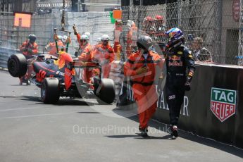 World © Octane Photographic Ltd. Red Bull Racing RB12 – Max Verstappen's car being recovered. Saturday 28th May 2016, F1 Monaco GP Qualifying, Monaco, Monte Carlo. Digital Ref :