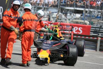 World © Octane Photographic Ltd. Red Bull Racing RB12 – Max Verstappen's car being recovered. Saturday 28th May 2016, F1 Monaco GP Qualifying, Monaco, Monte Carlo. Digital Ref :