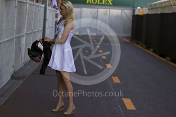 World © Octane Photographic Ltd. Williams Martini Racing, Williams Mercedes – Valtteri Bottas fiancee Emilia Pikkarainen. Saturday 28th May 2016, F1 Monaco GP - Paddock, Monaco, Monte Carlo. Digital Ref : 1571LB1D8924