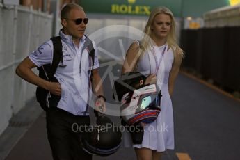 World © Octane Photographic Ltd. Williams Martini Racing, Williams Mercedes – Valtteri Bottas and fiancee Emilia Pikkarainen. Saturday 28th May 2016, F1 Monaco GP - Paddock, Monaco, Monte Carlo. Digital Ref : 1571LB1D8931