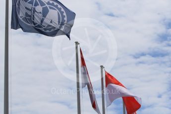 World © Octane Photographic Ltd. FIA and Monaco flags. Wednesday 25th May 2016, F1 Monaco GP Paddock, Monaco, Monte Carlo. Digital Ref :1559CB7D9975
