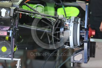 World © Octane Photographic Ltd. Sahara Force India VJM09 - front suspension and brakes. Wednesday 25th May 2016, F1 Monaco GP Paddock, Monaco, Monte Carlo. Digital Ref :1559LB1D4236