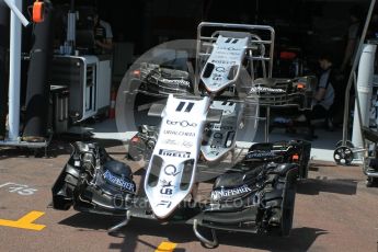 World © Octane Photographic Ltd. Sahara Force India VJM09 nose and front wings - Sergio Perez. Wednesday 25th May 2016, F1 Monaco GP Paddock, Monaco, Monte Carlo. Digital Ref :1559LB1L6458