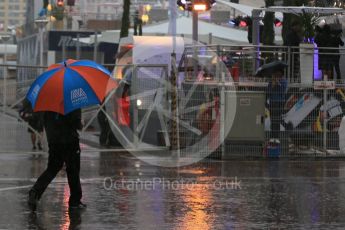 World © Octane Photographic Ltd. Rain in the F1 Monaco Paddock. Sunday 29th May 2016, F1 Monaco GP Paddock, Monaco, Monte Carlo. Digital Ref : 1572LB1D0987