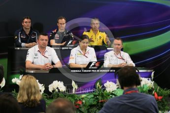 World © Octane Photographic Ltd. F1 Monaco GP FIA Team Personnel Press Conference, Monaco, Monte Carlo, Thursday 26th May 2016. McLaren Honda Racing Director – Eric Boullier, Renault Sport F1 Team Chassis Technical Director – Nick Chester, Sauber F1 Team Principal - Monisha Kaltenborn, Scuderia Toro Rosso Technical Director - James Key, Mercedes AMG Petronas Executive Director (Technical) - Paddy Lowe and Red Bull Racing Chief Engineer (Car Engineering) - Paul Monaghan. Digital Ref : 1563LB5D7907