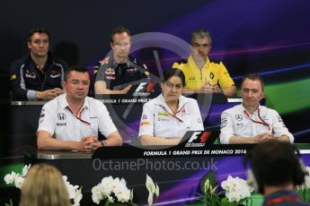 World © Octane Photographic Ltd. F1 Monaco GP FIA Team Personnel Press Conference, Monaco, Monte Carlo, Thursday 26th May 2016. McLaren Honda Racing Director – Eric Boullier, Renault Sport F1 Team Chassis Technical Director – Nick Chester, Sauber F1 Team Principal - Monisha Kaltenborn, Scuderia Toro Rosso Technical Director - James Key, Mercedes AMG Petronas Executive Director (Technical) - Paddy Lowe and Red Bull Racing Chief Engineer (Car Engineering) - Paul Monaghan. Digital Ref : 1563LB5D7909