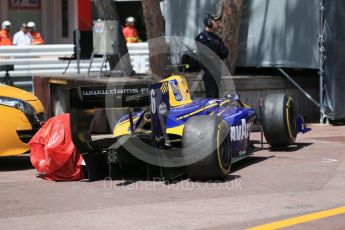 World © Octane Photographic Ltd. DAMS - GP2/11 – Nicholas Latifi's wrecked car. Friday 27th May 2016, GP2 Race 1, Monaco, Monte Carlo. Digital Ref :1566CB1D8755