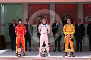 World © Octane Photographic Ltd. Russian Time – Artem Markelov (1st), Racing Engineering - Norman Nato (2nd) and MP Motorsport – Oliver Rowland (3rd). Friday 27th May 2016, GP2 Race 1 Podium, Monaco, Monte Carlo. Digital Ref :1566CB1D8761