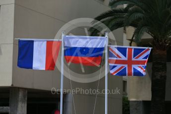 World © Octane Photographic Ltd. The flags of Russian Time – Artem Markelov (1st - Russia), Racing Engineering - Norman Nato (2nd - France) and MP Motorsport – Oliver Rowland (3rd - United Kingdom of Great Britain). Friday 27th May 2016, GP2 Race 1 Podium, Monaco, Monte Carlo. Digital Ref :1566CB1D8771