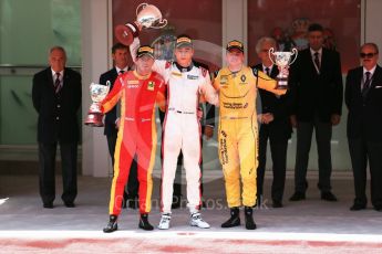 World © Octane Photographic Ltd. Russian Time – Artem Markelov (1st), Racing Engineering - Norman Nato (2nd) and MP Motorsport – Oliver Rowland (3rd). Friday 27th May 2016, GP2 Race 1 Podium, Monaco, Monte Carlo. Digital Ref :1566CB1D8800