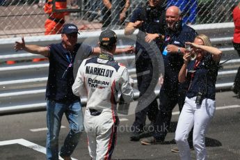 World © Octane Photographic Ltd. Russian Time celebrating Artem Markelov's win. Friday 27th May 2016, GP2 Race 1 parc ferme, Monaco, Monte Carlo. Digital Ref :1566CB1D8845
