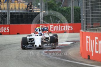 World © Octane Photographic Ltd. Williams Martini Racing, Williams Mercedes FW38 – Valtteri Bottas. Friday 16th September 2016, F1 Singapore GP Practice 1, Marina Bay Circuit, Singapore. Digital Ref :