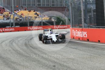 World © Octane Photographic Ltd. Williams Martini Racing, Williams Mercedes FW38 – Valtteri Bottas. Friday 16th September 2016, F1 Singapore GP Practice 1, Marina Bay Circuit, Singapore. Digital Ref :