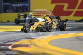 World © Octane Photographic Ltd. Renault Sport F1 Team RS16 – Jolyon Palmer and Sahara Force India VJM09 - Sergio Perez. Friday 16th September 2016, F1 Singapore GP Practice 1, Marina Bay Circuit, Singapore. Digital Ref :