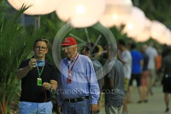 World © Octane Photographic Ltd. Niki Lauda in the Paddock with a fan. Friday 16th September 2016, F1 Singapore GP Practice 1, Marina Bay Circuit, Singapore. Digital Ref :