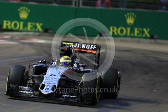 World © Octane Photographic Ltd. Sahara Force India VJM09 - Sergio Perez. Friday 16th September 2016, F1 Singapore GP Practice 1, Marina Bay Circuit, Singapore. Digital Ref : 1716LB1D9682