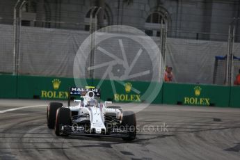 World © Octane Photographic Ltd. Williams Martini Racing, Williams Mercedes FW38 – Valtteri Bottas. Friday 16th September 2016, F1 Singapore GP Practice 1, Marina Bay Circuit, Singapore. Digital Ref :