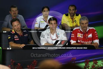 World © Octane Photographic Ltd. F1 Singapore GP FIA Personnel Press Conference, Marina Bay Circuit, Singapore. Friday 16th September 2016. Cyril Abiteboul – Managing Director Renault Sport F1 Team, Maurizio Arrivabene – Team Principal Scuderia Ferrari, Christian Horner – Team Principal Red Bull Racing, Monisha Kaltenborn – Team Principal Sauber F1 Team, Guenther Steiner – Team Principal Haas F1 Team and Toto Wolff – Executive Director Mercedes AMG Petronas. Digital Ref : 1718LB2D9983