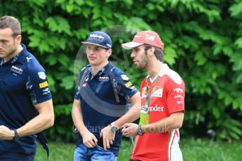 World © Octane Photographic Ltd. Red Bull Racing RB12 – Max Verstappen and Scuderia Ferrari SF16-H test driver– Jean-Eric Vergne. Saturday 17th September 2016, F1 Singapore GP Paddock, Marina Bay Circuit, Singapore. Digital Ref : 1719CB5D5576