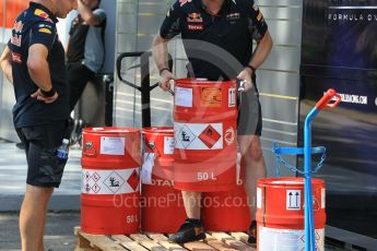 World © Octane Photographic Ltd. Red Bull Racing new specification Total fuel. Sunday 18th September 2016, F1 Singapore GP Paddock, Marina Bay Circuit, Singapore. Digital Ref : 1722CB1D7093